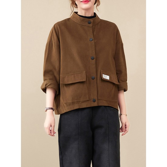 Vintage Long Sleeves Loose Buttoned Solid Color High-Neck Outerwear