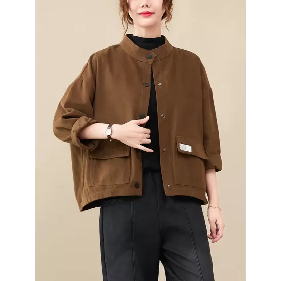 Vintage Long Sleeves Loose Buttoned Solid Color High-Neck Outerwear