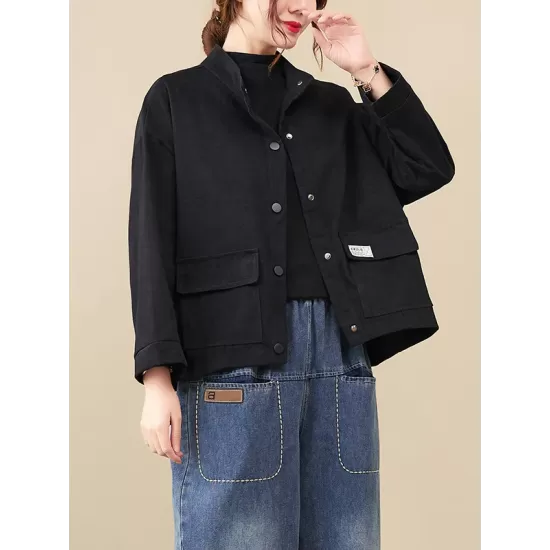 Vintage Long Sleeves Loose Buttoned Solid Color High-Neck Outerwear