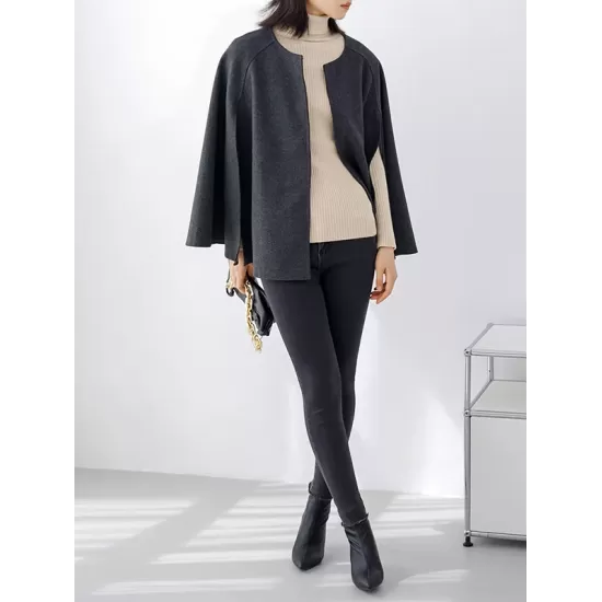 Casual Loose Solid Color Round-Neck Cape Outerwear