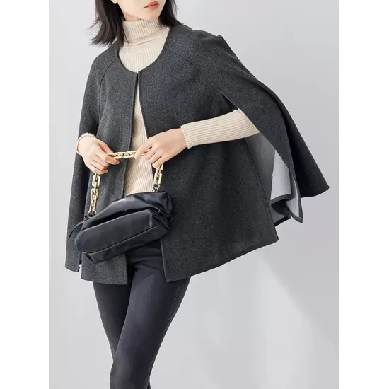 Casual Loose Solid Color Round-Neck Cape Outerwear