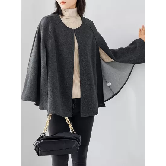 Casual Loose Solid Color Round-Neck Cape Outerwear