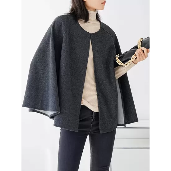 Casual Loose Solid Color Round-Neck Cape Outerwear