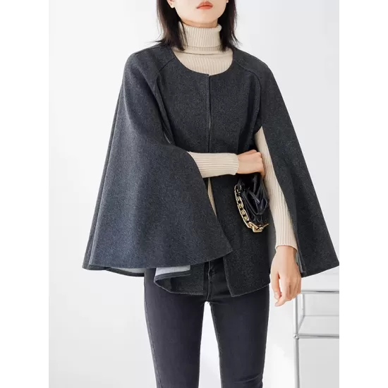 Casual Loose Solid Color Round-Neck Cape Outerwear