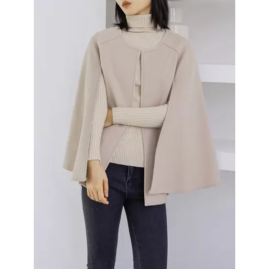 Casual Loose Solid Color Round-Neck Cape Outerwear