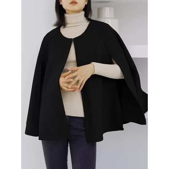 Casual Loose Solid Color Round-Neck Cape Outerwear