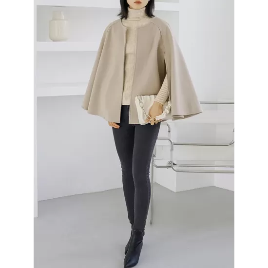 Casual Loose Solid Color Round-Neck Cape Outerwear