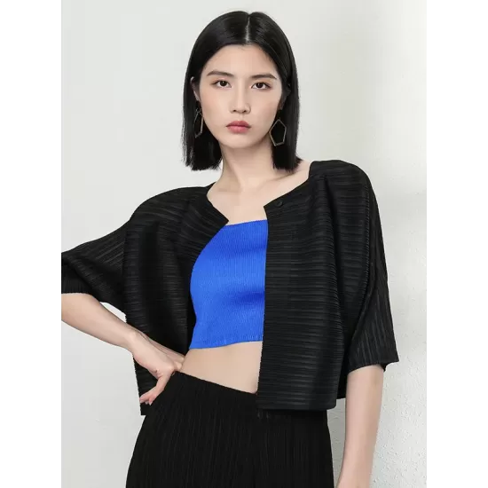 Casual Loose Half Sleeves Pleated Solid Color Outerwear