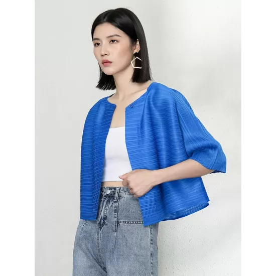 Casual Loose Half Sleeves Pleated Solid Color Outerwear