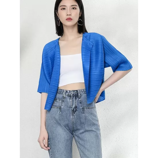 Casual Loose Half Sleeves Pleated Solid Color Outerwear