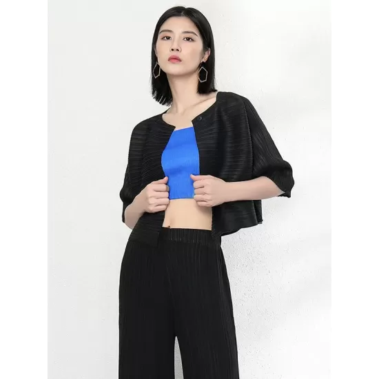 Casual Loose Half Sleeves Pleated Solid Color Outerwear