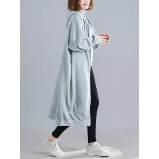 Casual Loose Long Sleeves Solid Color Hooded Outerwear