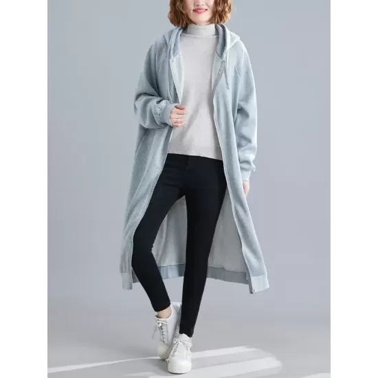 Casual Loose Long Sleeves Solid Color Hooded Outerwear