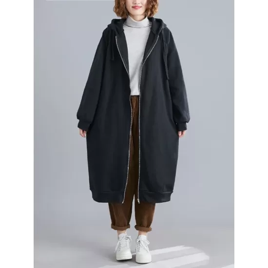 Casual Loose Long Sleeves Solid Color Hooded Outerwear