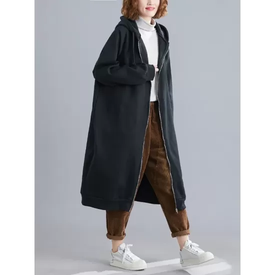 Casual Loose Long Sleeves Solid Color Hooded Outerwear