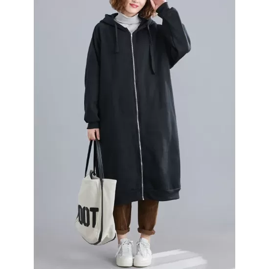 Casual Loose Long Sleeves Solid Color Hooded Outerwear