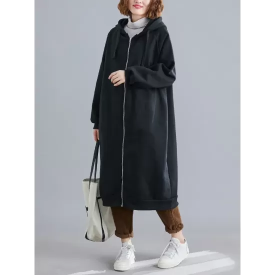 Casual Loose Long Sleeves Solid Color Hooded Outerwear