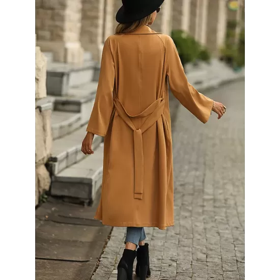 Casual Lace-Up Solid Lapel Collar Coat