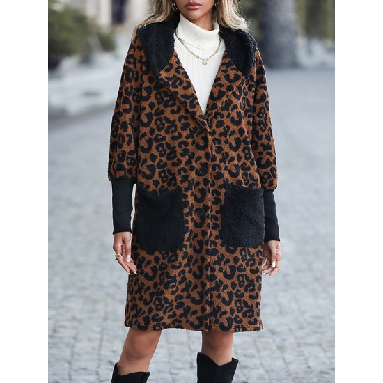 Casual Loose Leopard Patchwork Lapel Collar Coat