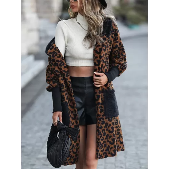 Casual Loose Leopard Patchwork Lapel Collar Coat