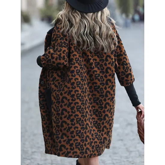 Casual Loose Leopard Patchwork Lapel Collar Coat