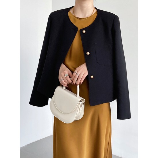 Original Creation Long Sleeves Loose Buttoned Solid Color Round-Neck Outerwear