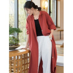 Artistic Retro Loose Simple Casual Solid Color Ramie Trench Coat