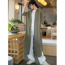 Artistic Retro Loose Simple Casual Solid Color Ramie Trench Coat