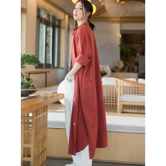 Artistic Retro Loose Simple Casual Solid Color Ramie Trench Coat