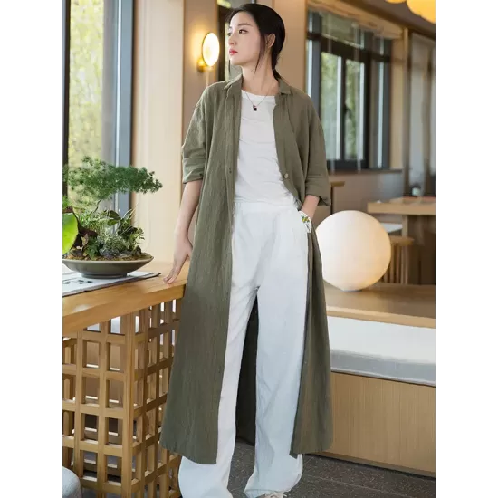 Artistic Retro Loose Simple Casual Solid Color Ramie Trench Coat