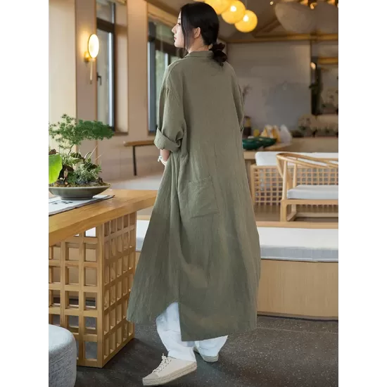 Artistic Retro Loose Simple Casual Solid Color Ramie Trench Coat