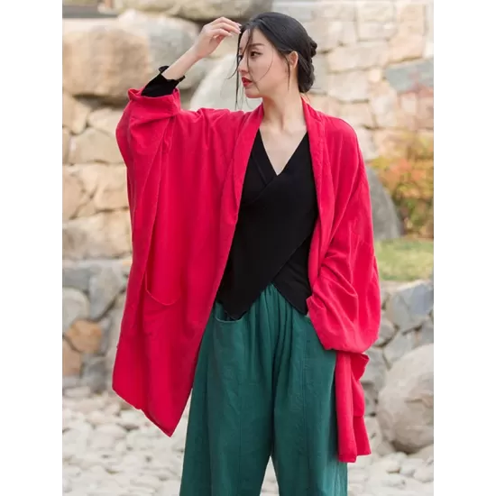 Casual Loose Batwing Sleeves Solid Color Outerwear