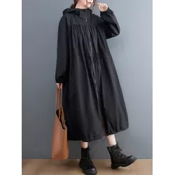 Casual Loose Solid Color Zipper Drawstring Long Sleeves Hooded Trench Coat