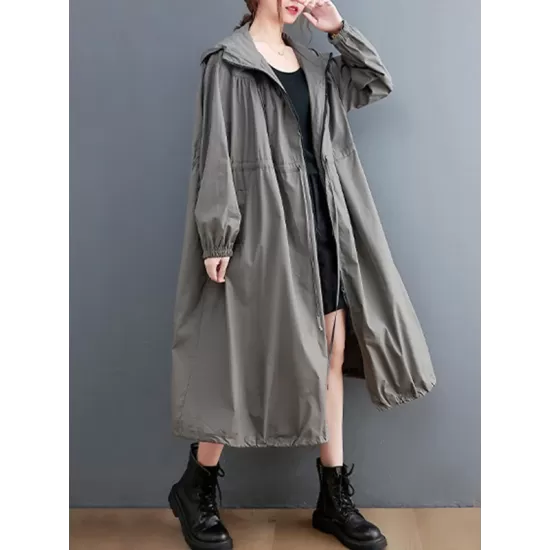 Casual Loose Solid Color Zipper Drawstring Long Sleeves Hooded Trench Coat