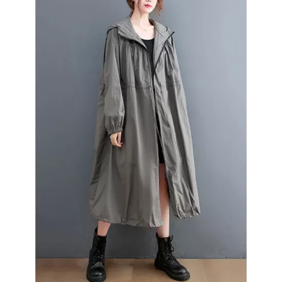 Casual Loose Solid Color Zipper Drawstring Long Sleeves Hooded Trench Coat