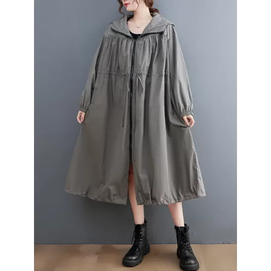 Casual Loose Solid Color Zipper Drawstring Long Sleeves Hooded Trench Coat