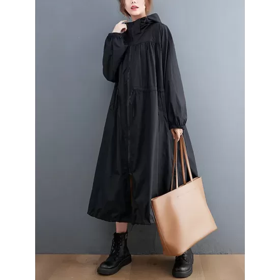 Casual Loose Solid Color Zipper Drawstring Long Sleeves Hooded Trench Coat