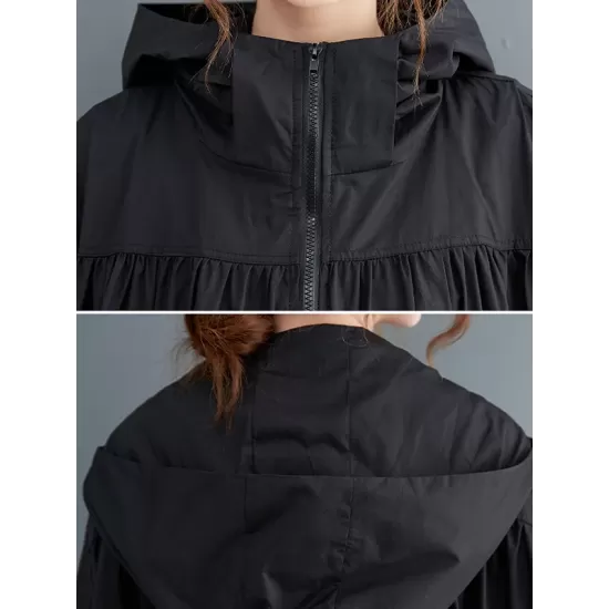 Casual Loose Solid Color Zipper Drawstring Long Sleeves Hooded Trench Coat