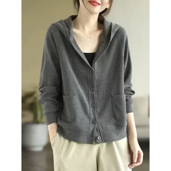 Casual Long Sleeves Loose Buttoned Solid Color Hooded Knitting Outerwear