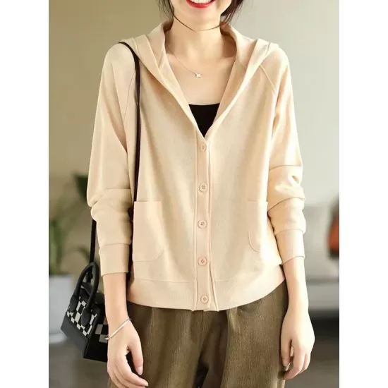 Casual Long Sleeves Loose Buttoned Solid Color Hooded Knitting Outerwear