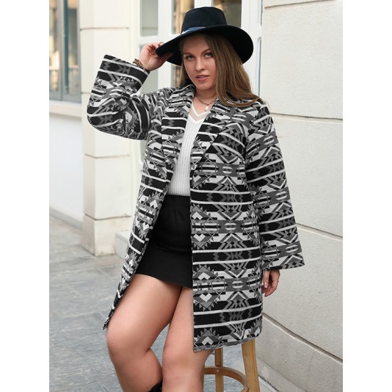 Casual Loose Long Sleeves Striped Lapel Collar Coat