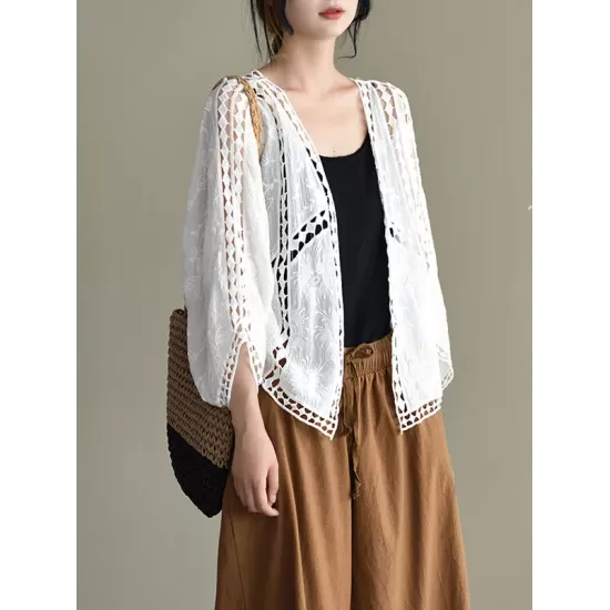 Seven-Quarter Sleeves Crochet Hollow Solid Color Outerwear