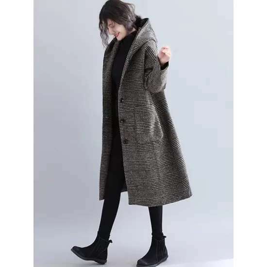 Loose Plaid Woolen Hood Coat