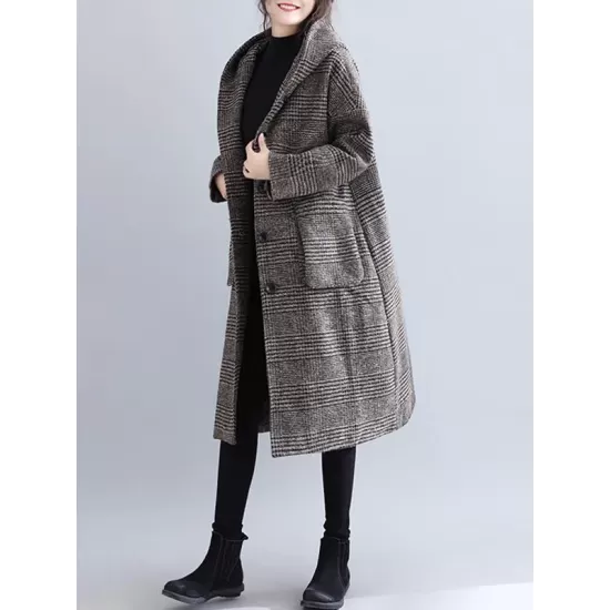 Loose Plaid Woolen Hood Coat