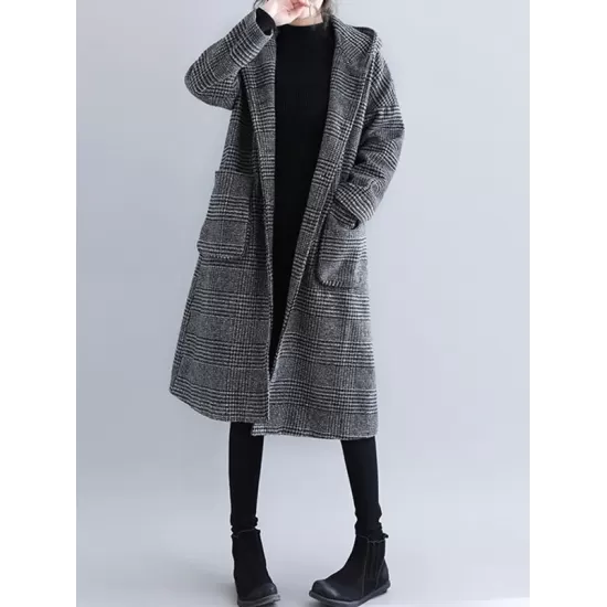 Loose Plaid Woolen Hood Coat