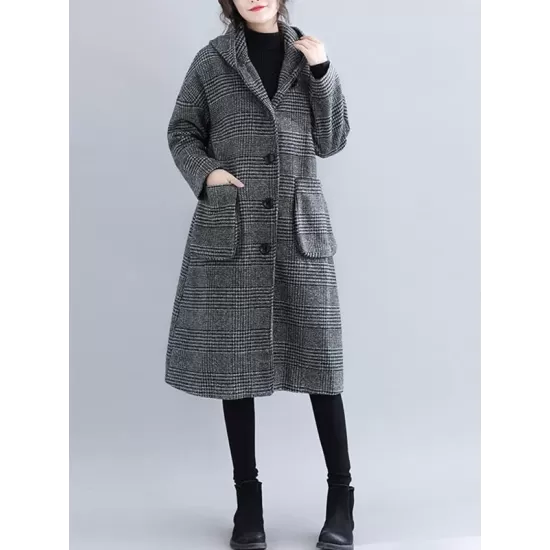 Loose Plaid Woolen Hood Coat