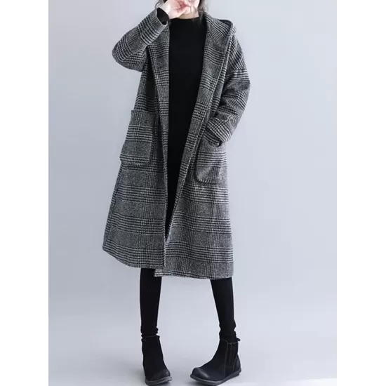 Loose Plaid Woolen Hood Coat