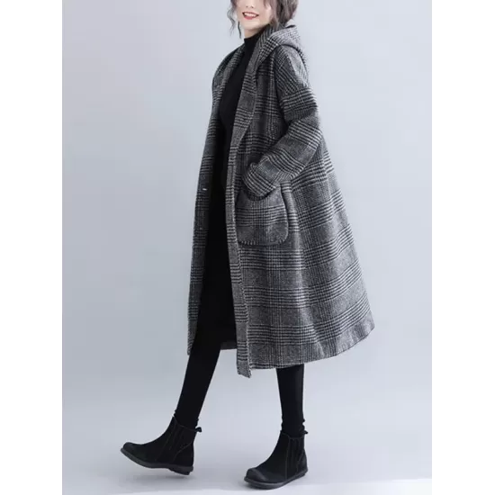 Loose Plaid Woolen Hood Coat