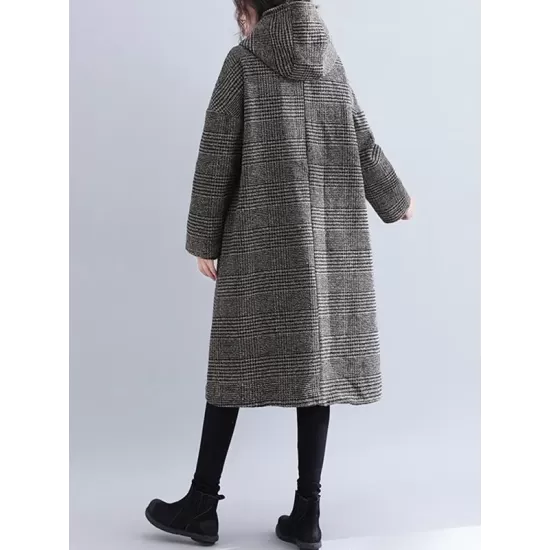 Loose Plaid Woolen Hood Coat