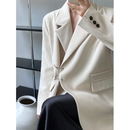 Urban Long Sleeves Loose Solid Color Pin Lapel Collar Suit Outerwear